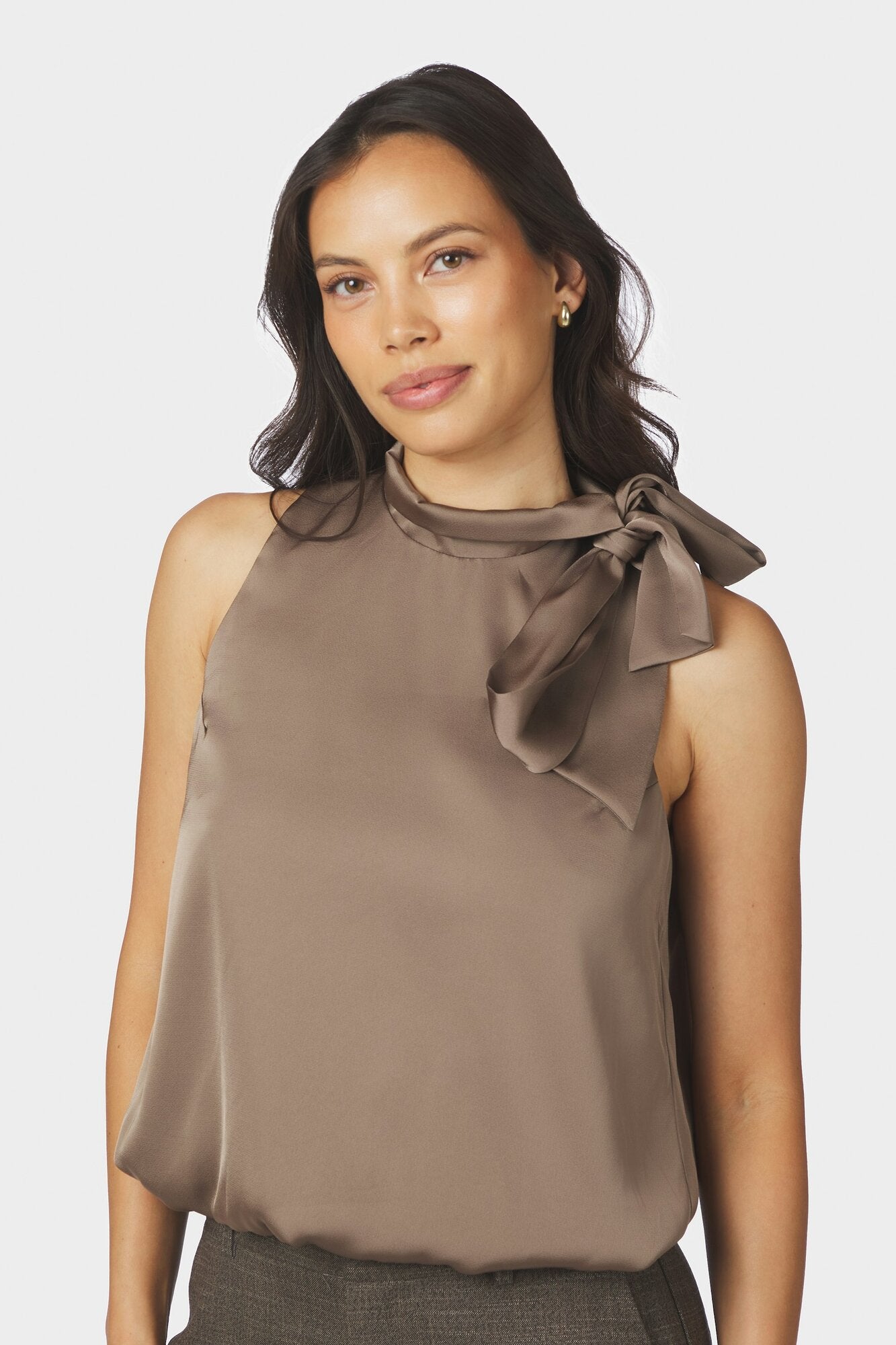 Veda Drapy Satin top – Dark Taupe
